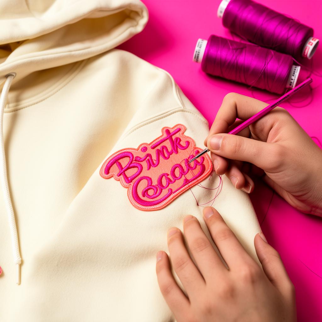Coral patch being embroidered onto a cream hoodie